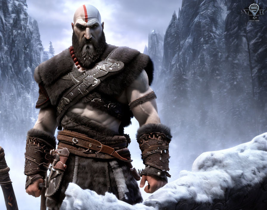 Animated warrior with red face tattoo in snowy mountain landscape