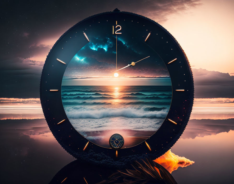 Surreal seascape with clock, sunset, aurora, and burning feather