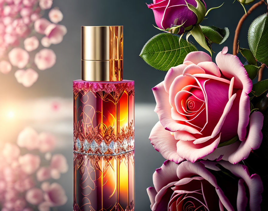 Luxurious perfume bottle with golden cap and pink liquid beside elegant pink rose