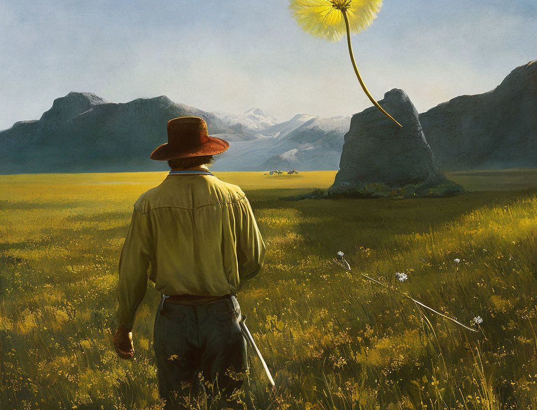 Person in Hat in Surreal Field with Giant Dandelions and Distant Mountains