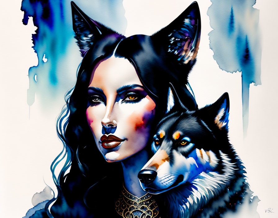 Colorful artwork: Woman's face merges with wolf in blue and purple hues