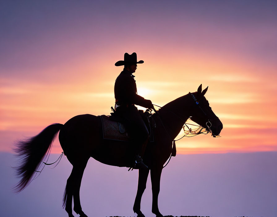 Cowboy on horseback silhouette against vibrant sunset sky