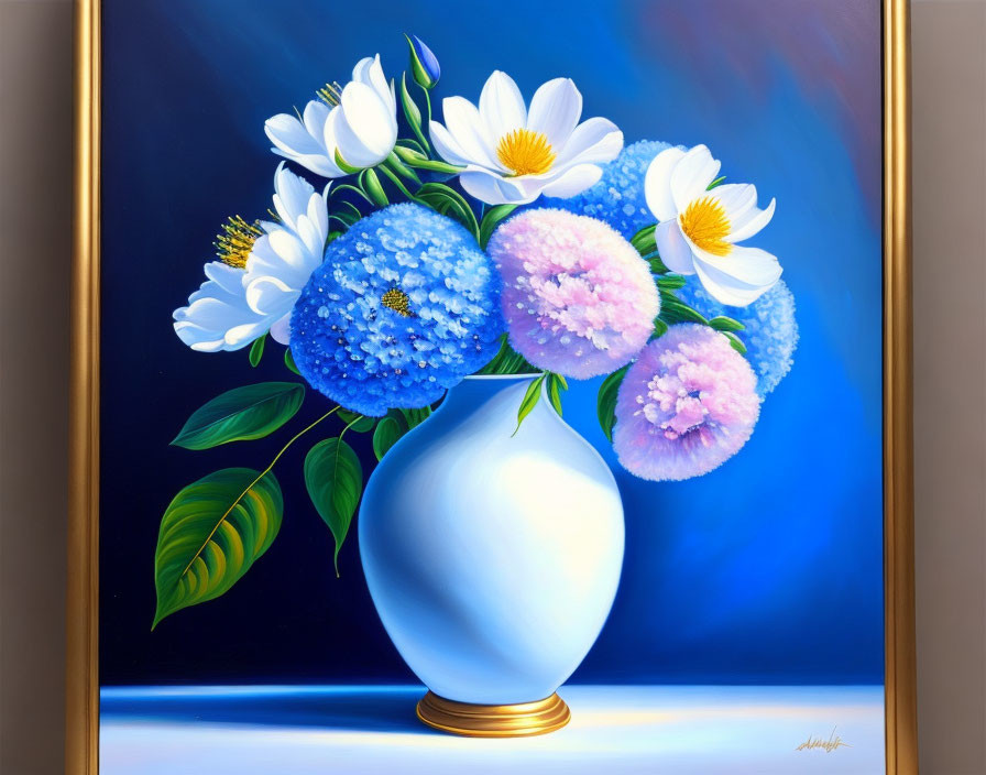 Colorful painting: Blue vase, white and pink flowers, green leaves on blue background, gold frame