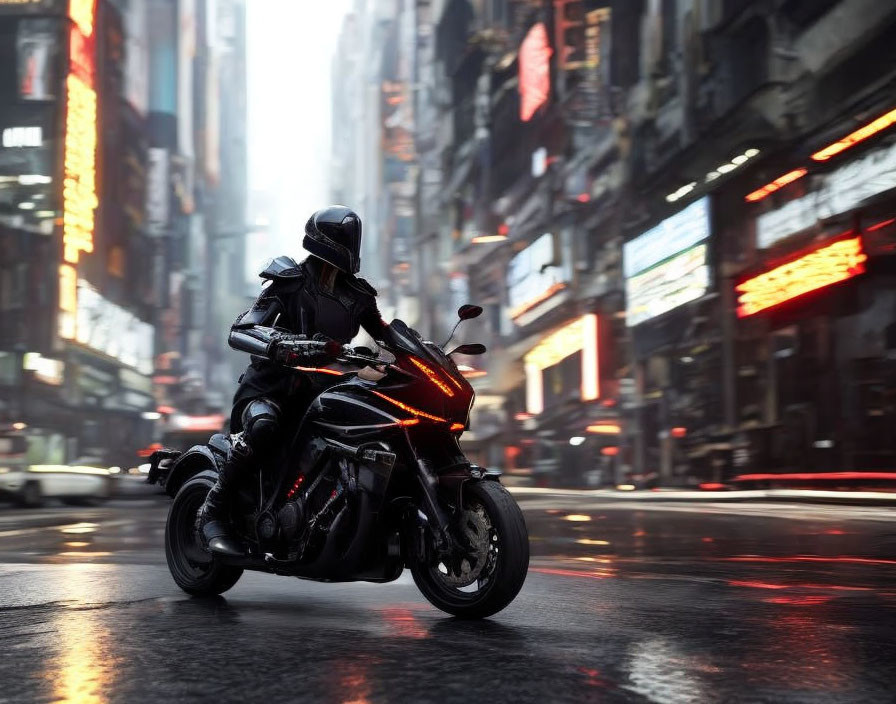 Motorcyclist in Black Gear Riding Rain-Soaked Neon-Lit Urban Street