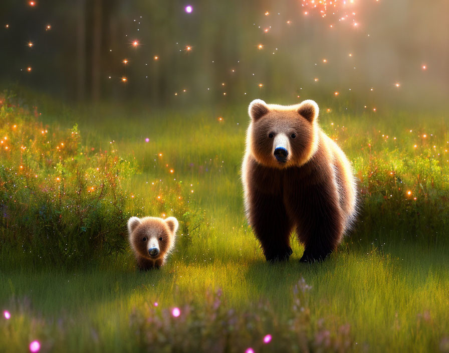 Brown Bear and Cub in Sunlit Meadow with Glowing Orbs and Pink Flowers