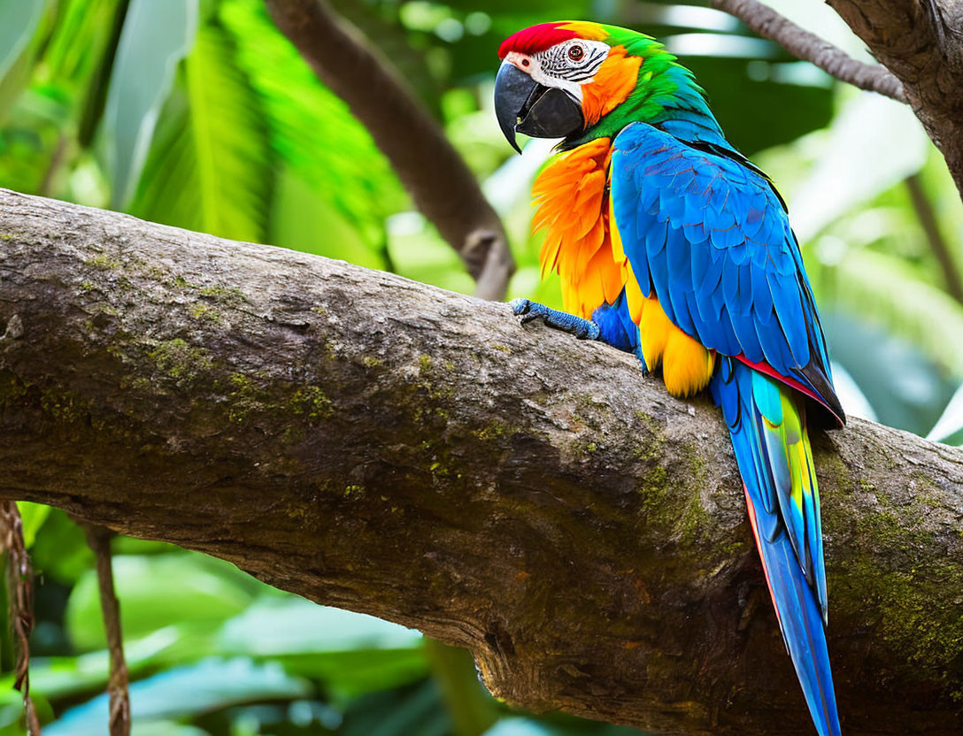 Colorful Macaw Perched on Tree Branch in Lush Environment