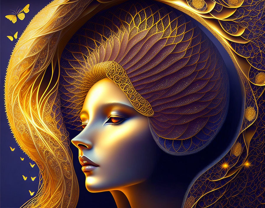 Golden-haired woman with headdress and butterflies on dark blue background