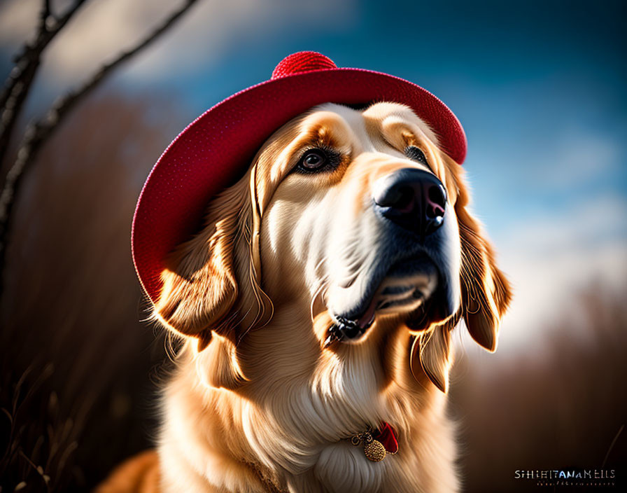 Golden Retriever in Red Hat With Soft Gaze Outdoors