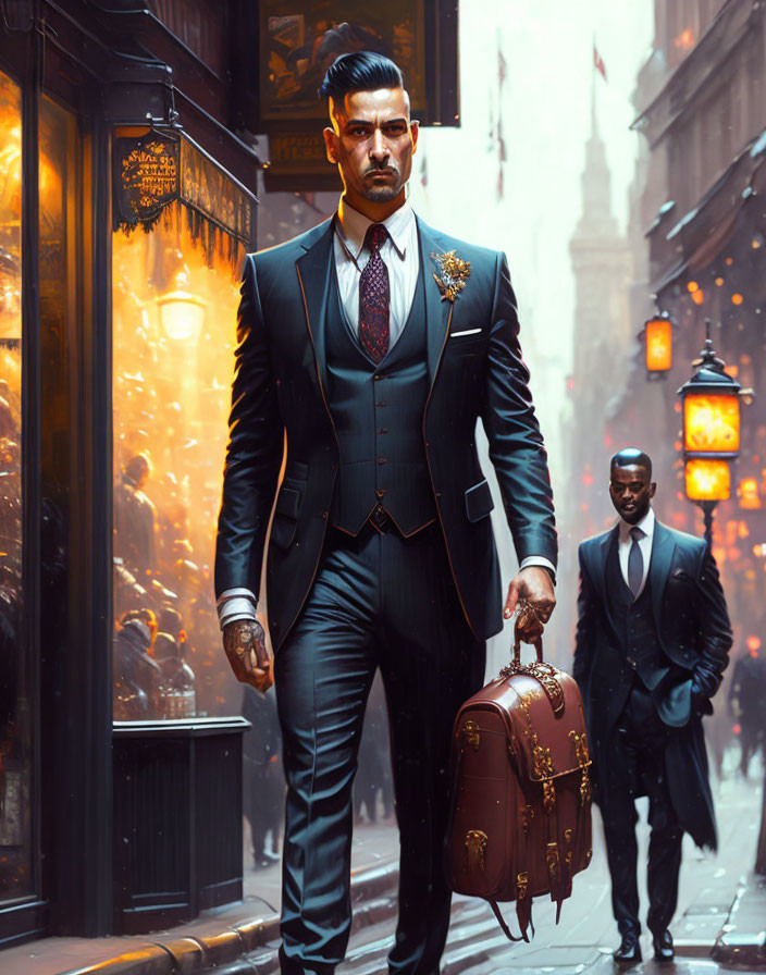 Elegant man in tailored suit with unique briefcase and bodyguard on lamp-lit city street