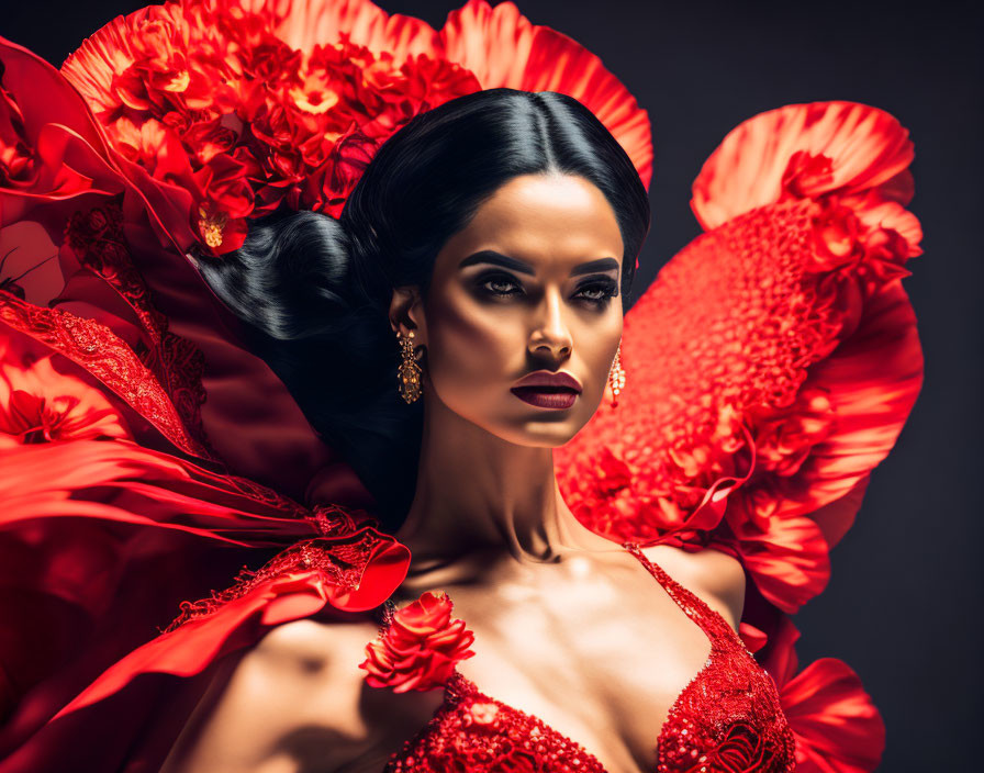 Dark-haired woman in sleek bun, dramatic makeup, red attire, surrounded by vibrant flowers.