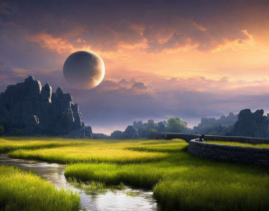 Stone bridge over river in lush landscape with dramatic rock formations and large planet in twilight sky.