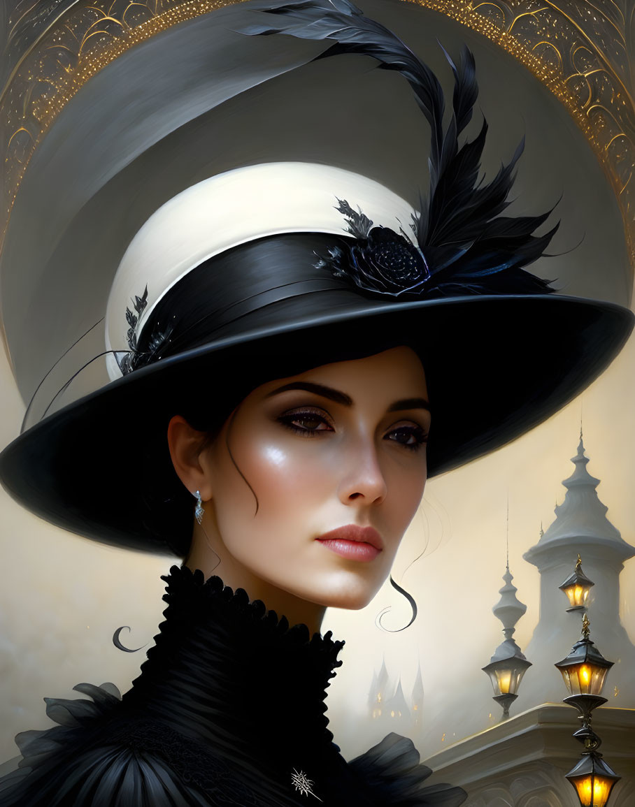 Sophisticated woman in wide-brimmed hat and black attire against ornate backdrop