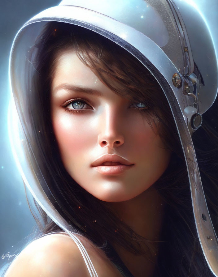 Digital artwork featuring woman with deep blue eyes in futuristic helmet