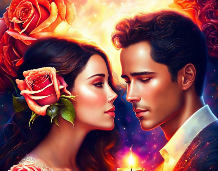 Romantic couple illustration with vibrant colors, roses, and cosmic suit effect