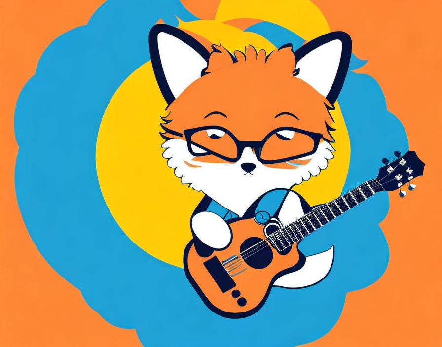 Illustrated orange fox playing ukulele with glasses on swirl background