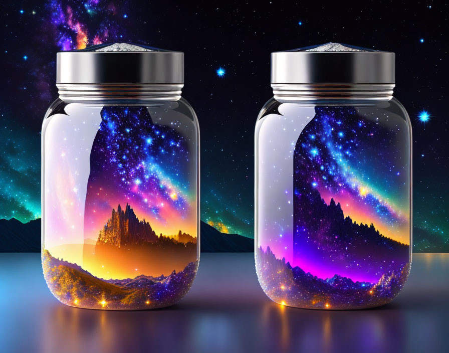 Glass jars with cosmic galaxy scenes on starry night background.