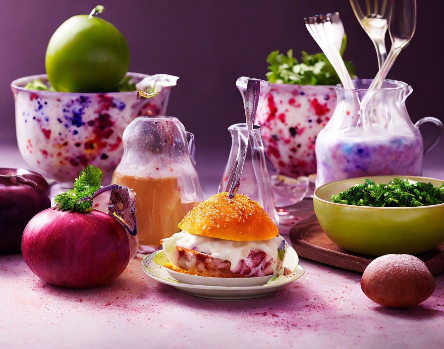 Vibrant culinary scene with sandwich, fruits, bowls, and juice on purple background