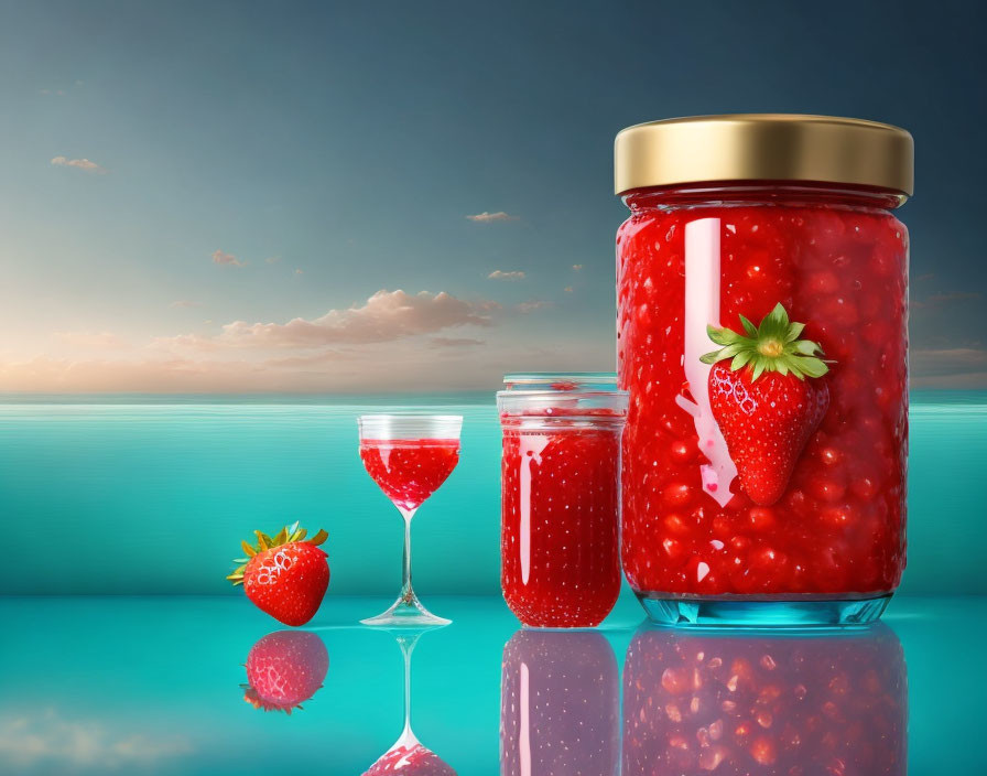 Strawberry-themed still life with jars of jam, juice, and fresh fruit