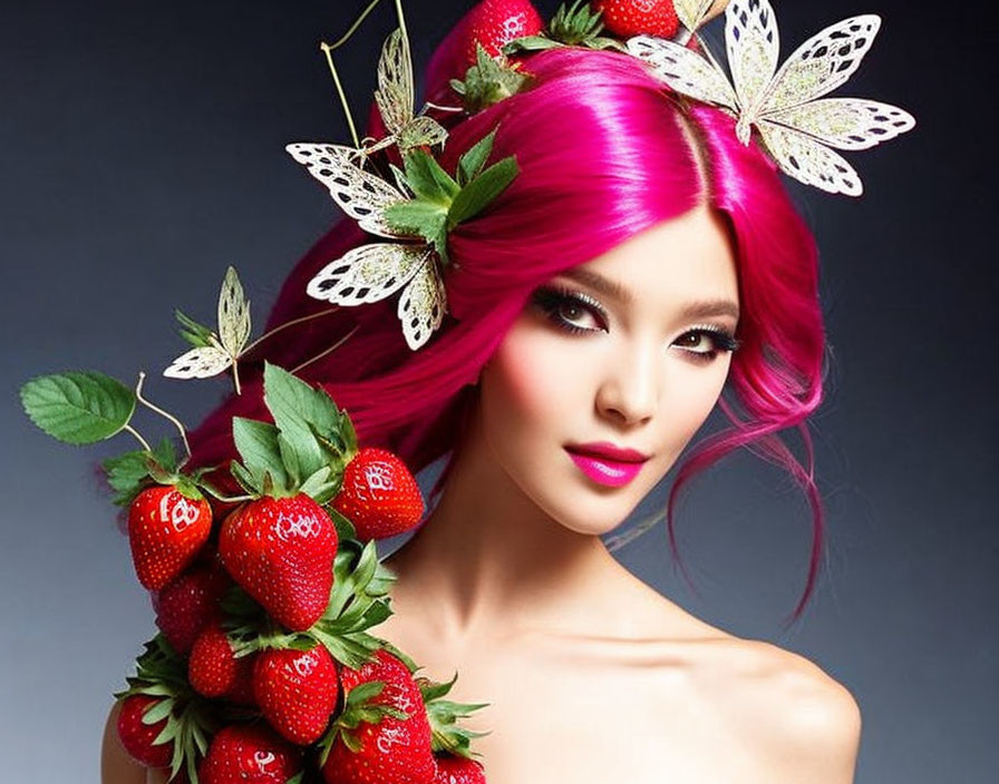 Vibrant pink hair with strawberries and butterflies on grey background