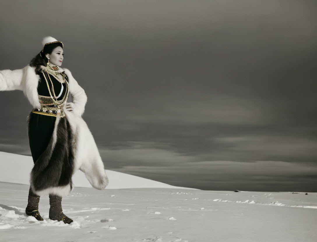 Traditional Fur Attire Woman in Snowy Landscape