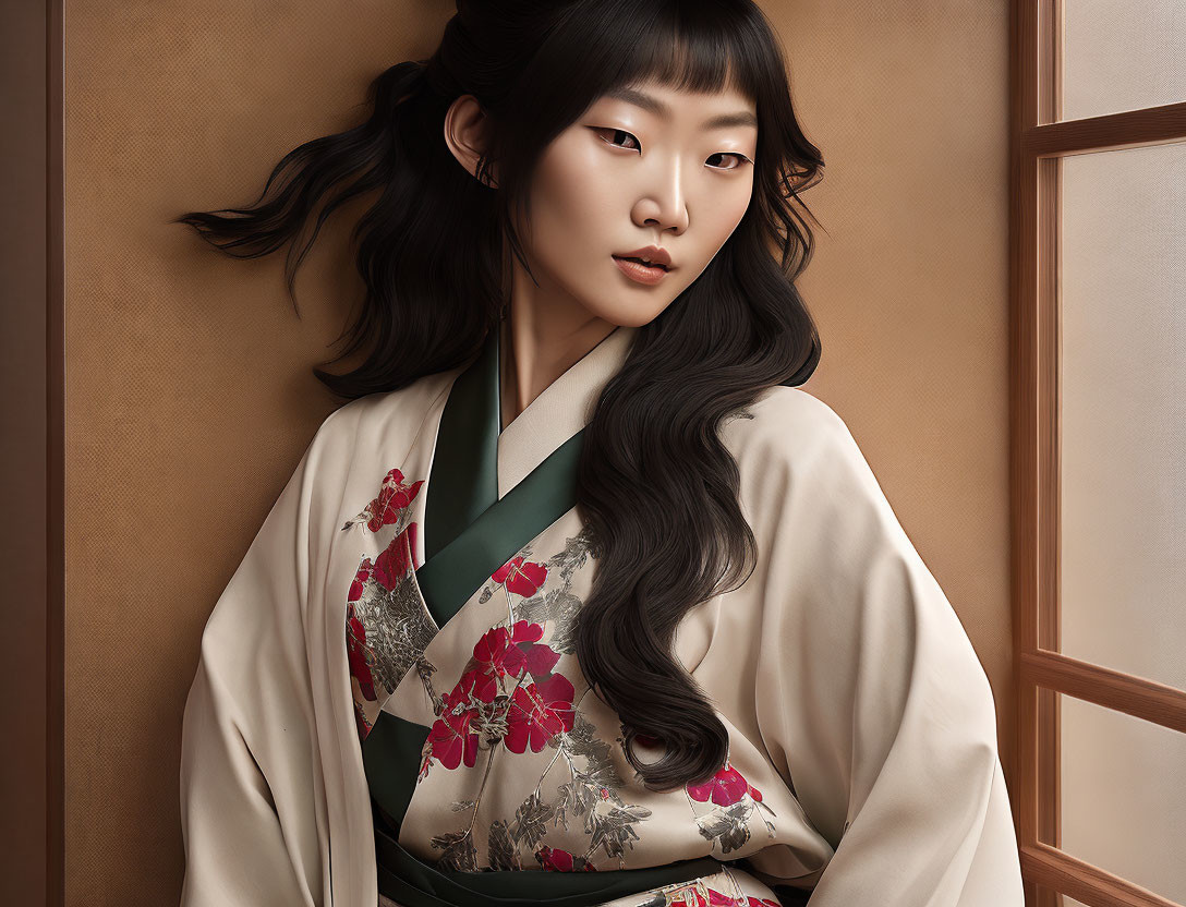 Woman with long wavy hair in floral kimono against traditional backdrop