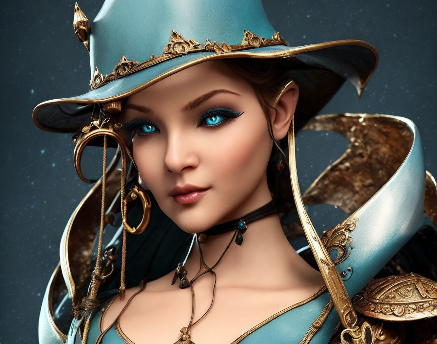 Fantasy-inspired digital art portrait of a woman in teal hat and elegant jewelry