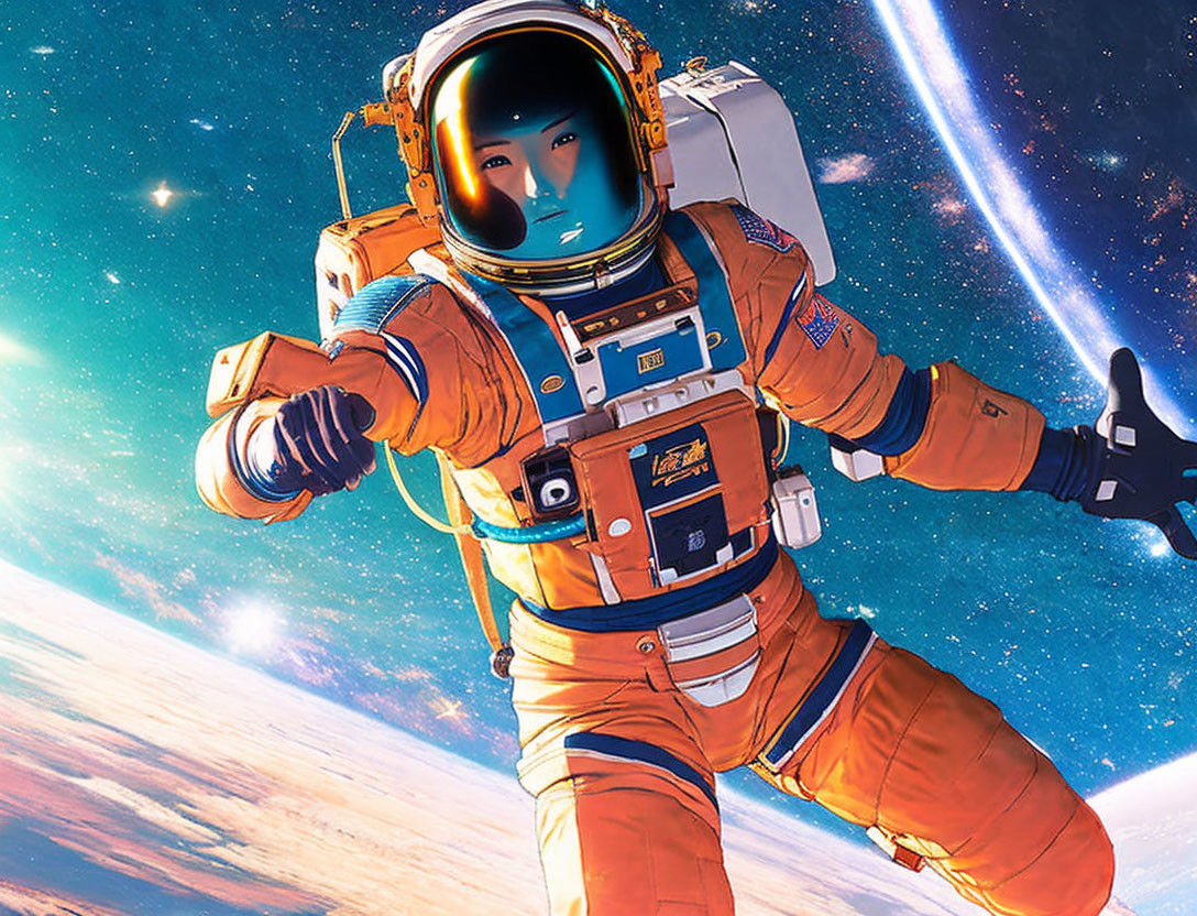 Astronaut in orange suit floating in space with Earth and galaxy.