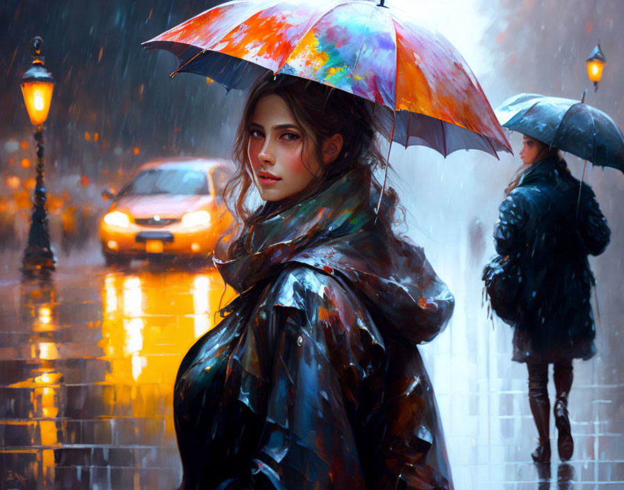 Colorful umbrella held by woman on rainy street with reflections, softly lit car, and figure with umbrella