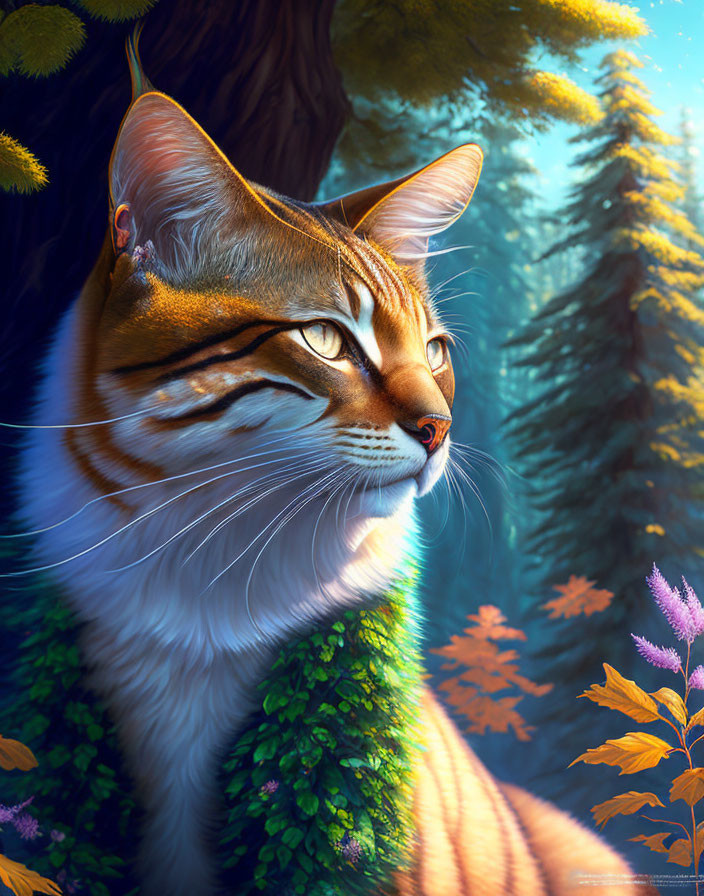 Majestic tabby cat in vibrant forest setting