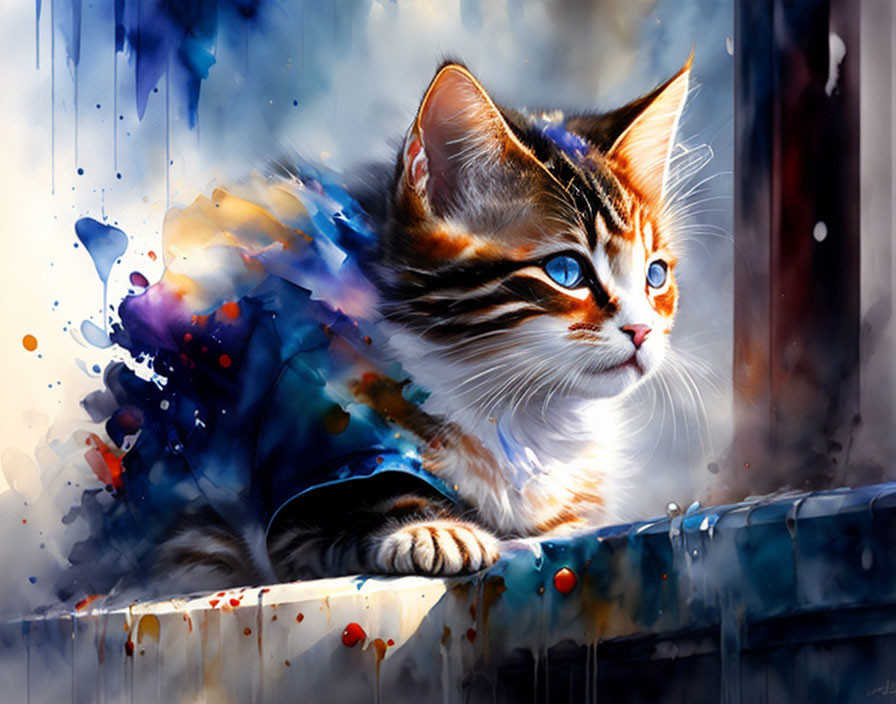 Colorful digital painting of a cat with watercolor splatter effect