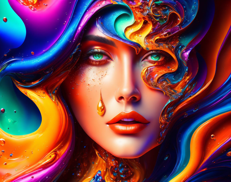 Colorful surreal portrait of a woman with glossy, multi-colored swirls and a tear.