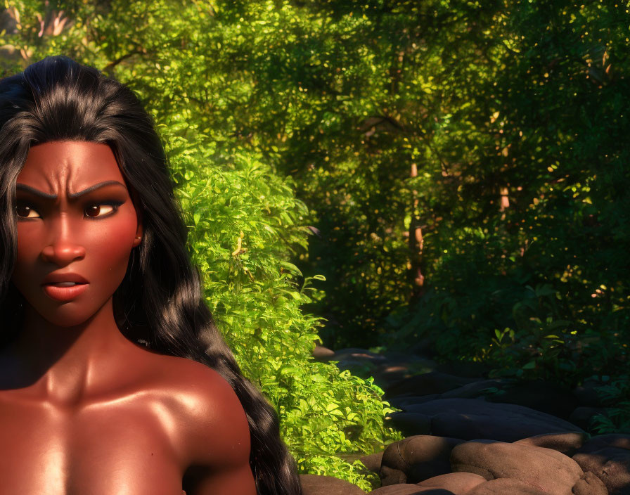 Dark-haired 3D animated character in forest setting