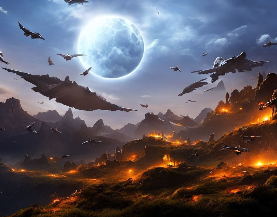 Fantastical landscape: Fiery mountains, large moon, birds, and futuristic planes in twilight sky