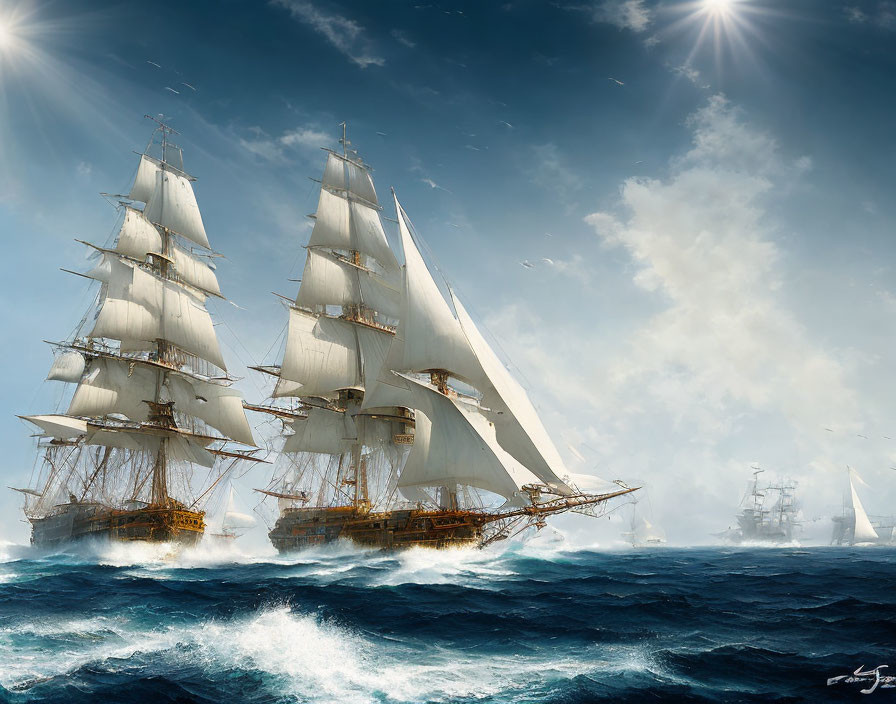 Sailing tall ships on sunlit choppy sea with distant vessels