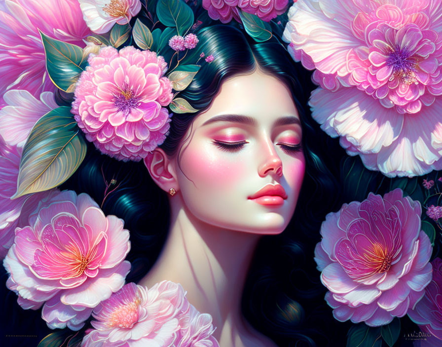 Portrait of serene woman with pink peonies in vibrant colors