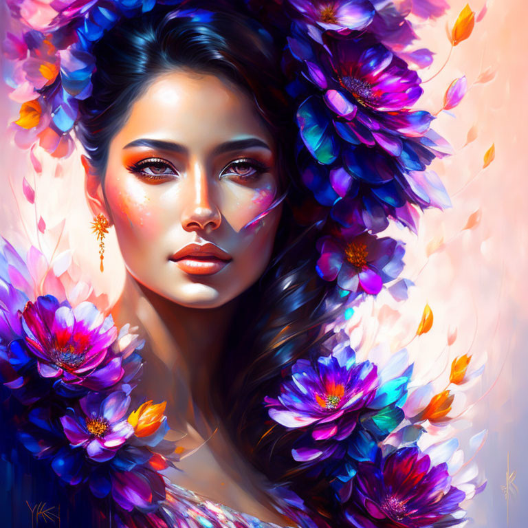 Vibrant digital art portrait of woman with glowing skin and colorful flowers