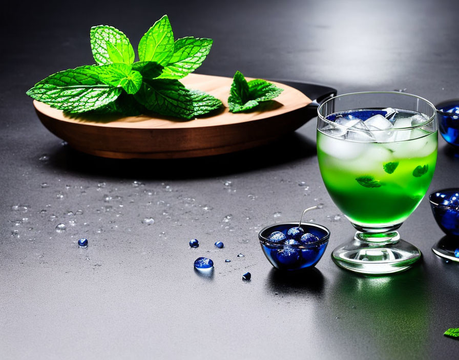 Green Drink with Ice, Mint Leaves, Blueberries, and Beads