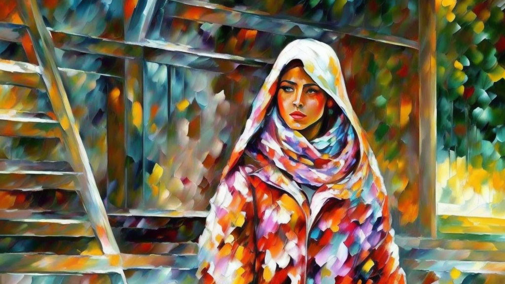 Vibrant digital painting of woman with headscarf and ladder in autumn scene