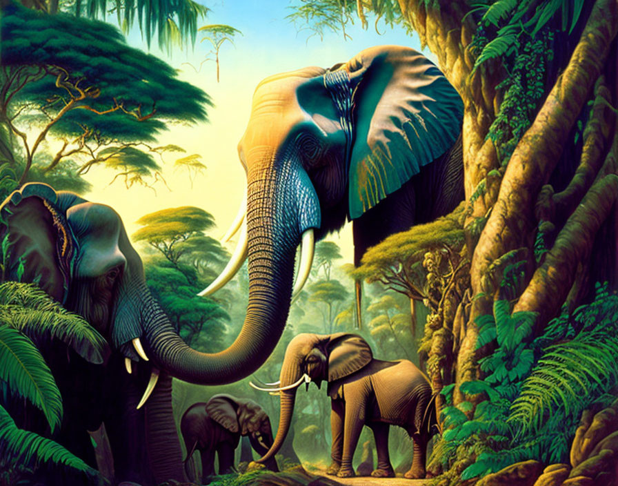 Three Elephants in Vibrant Jungle Setting with Lush Greenery