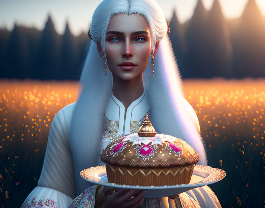 White-haired figure with blue eyes holding cupcake in glowing flower field at dusk