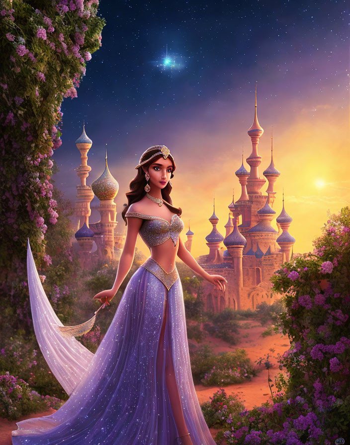 Animated princess in lavender dress at sunset castle with purple flora