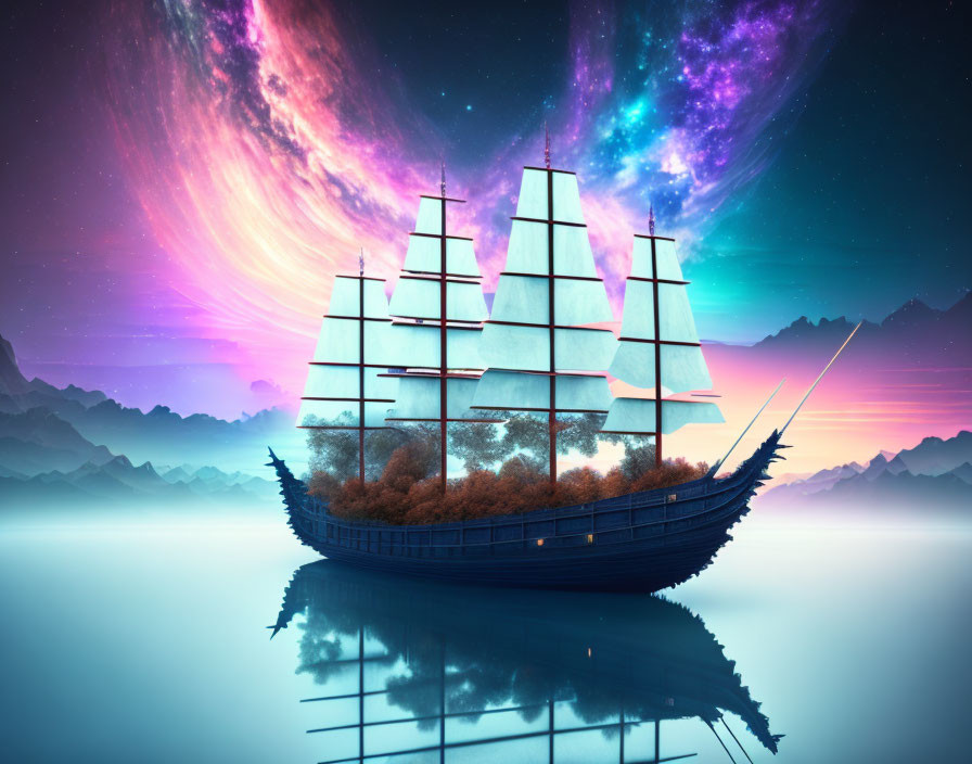 Tall ship with trees on deck sailing on tranquil sea under cosmic sky with nebulae, reflecting