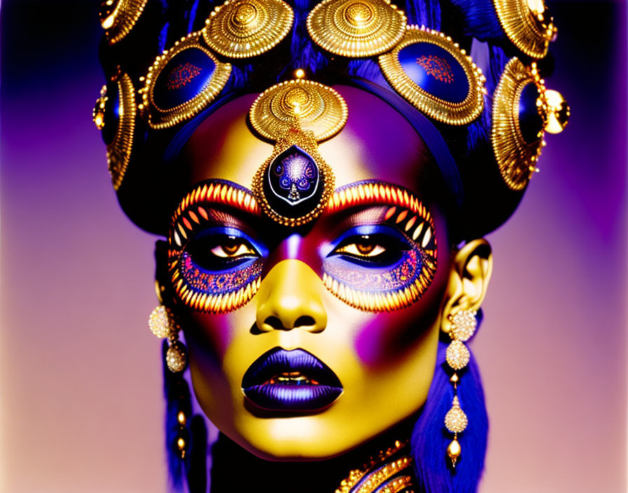 Portrait of person with gold and blue makeup, tribal patterns, and ornate headdress