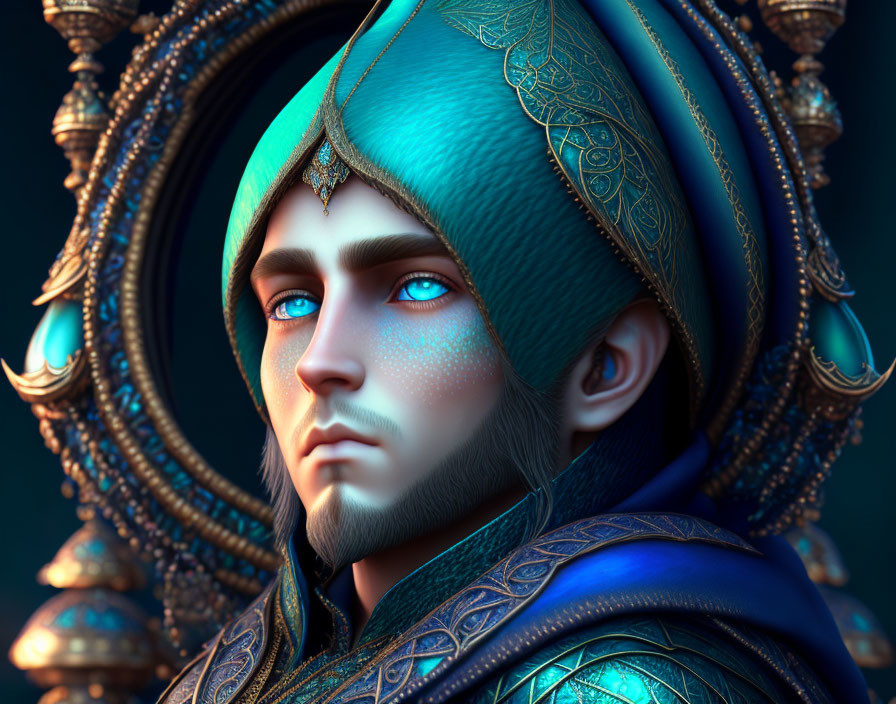 Male figure in teal and gold armor with blue eyes - Digital Artwork