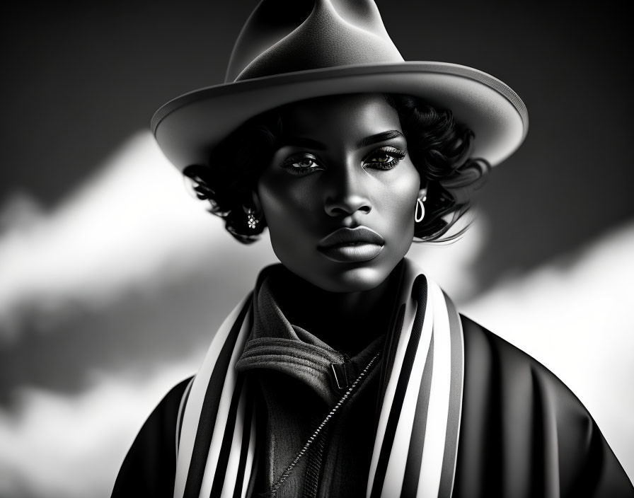 Monochromatic portrait of stylish woman with hat, coat, scarf, and earrings against cloudy sky