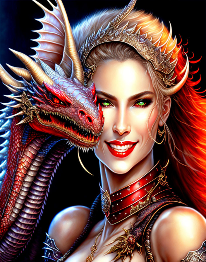 Portrait of Woman with Green Eyes and Red Hair Next to Red Dragon