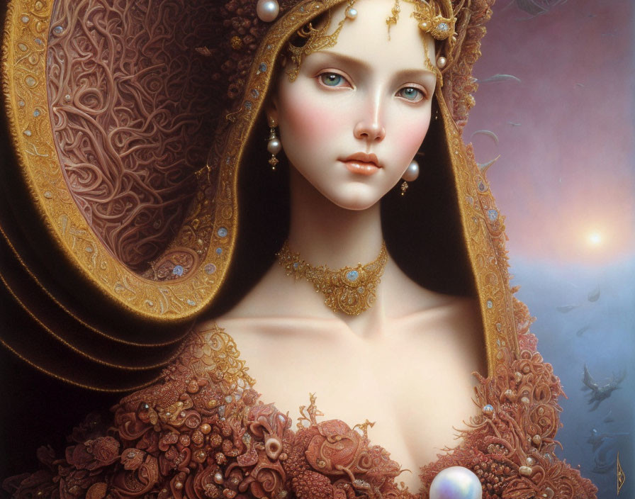 Ethereal woman with porcelain skin in ornate attire gazes enigmatically