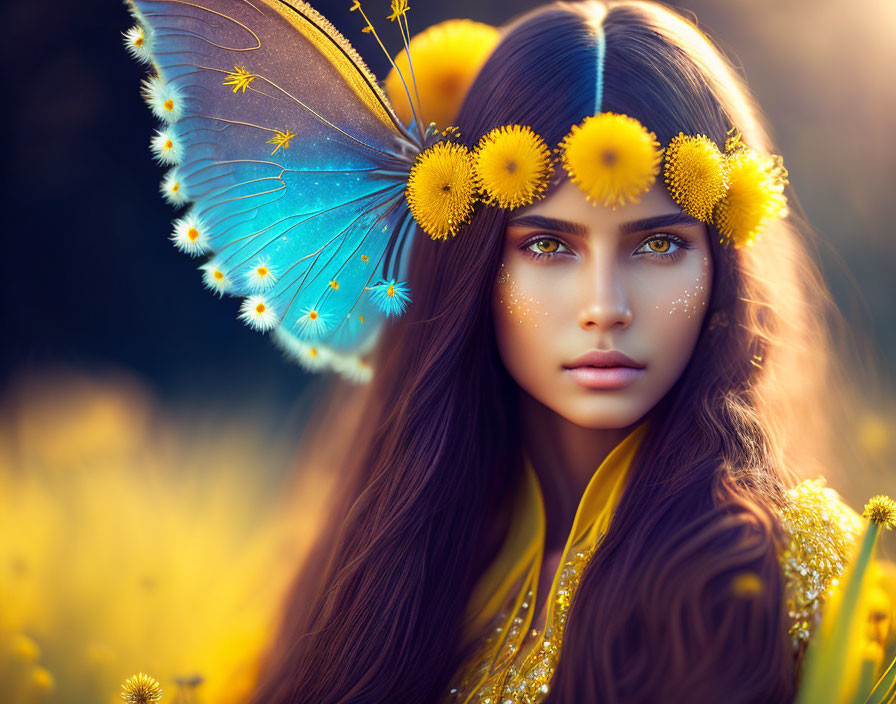 Woman wearing butterfly wing headpiece in golden flower field