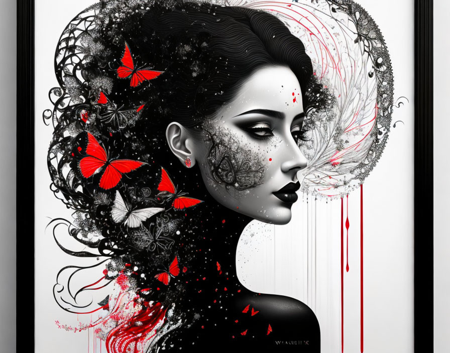 Monochrome artwork of a woman with butterflies and vibrant red accents