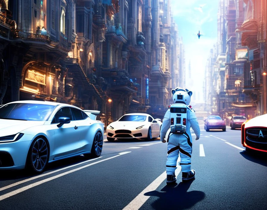 Futuristic city street with astronaut toy and flying vehicles